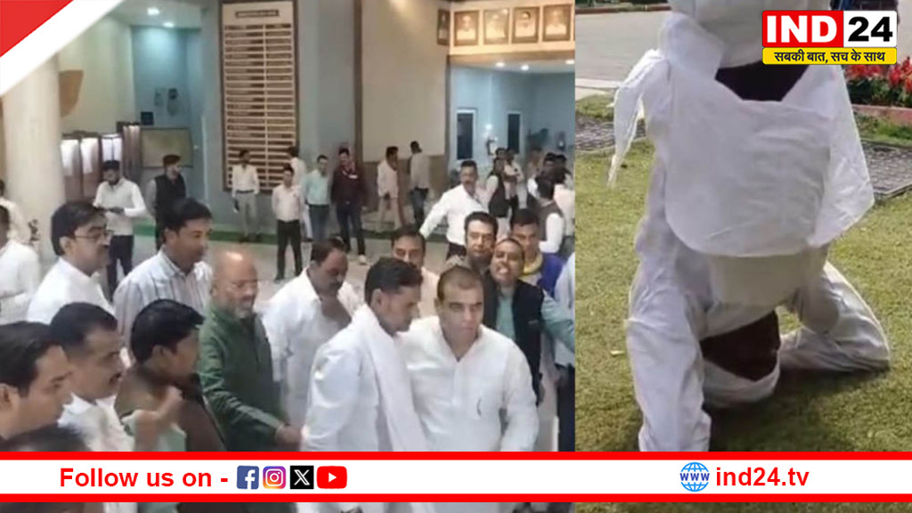 कांग्रेस विधायक का सदन में अनोखा विरोध, FIR के खिलाफ गांधी प्रतिमा के सामने किया शीर्षासन