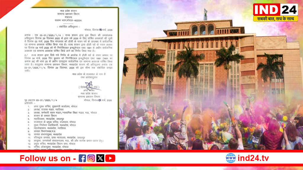 मध्यप्रदेश में होली पर दो दिन का अवकाश, 4 मार्च को भी सरकारी छुट्टी घोषित