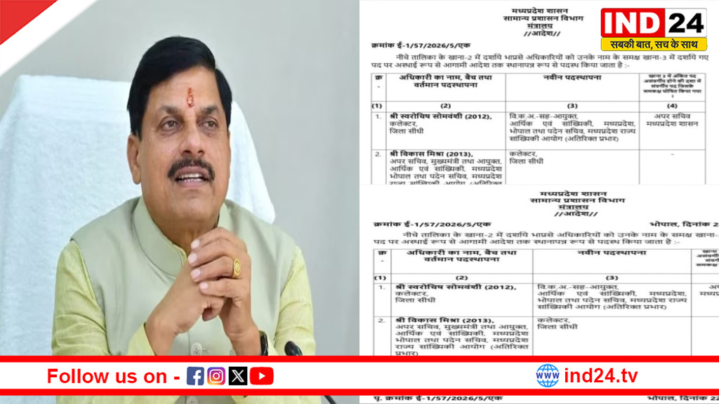 विकास मिश्रा बने सीधी के नए कलेक्टर, हितिका वसल गुना की नई SP, CM के एक्शन के बाद नई नियुक्ति