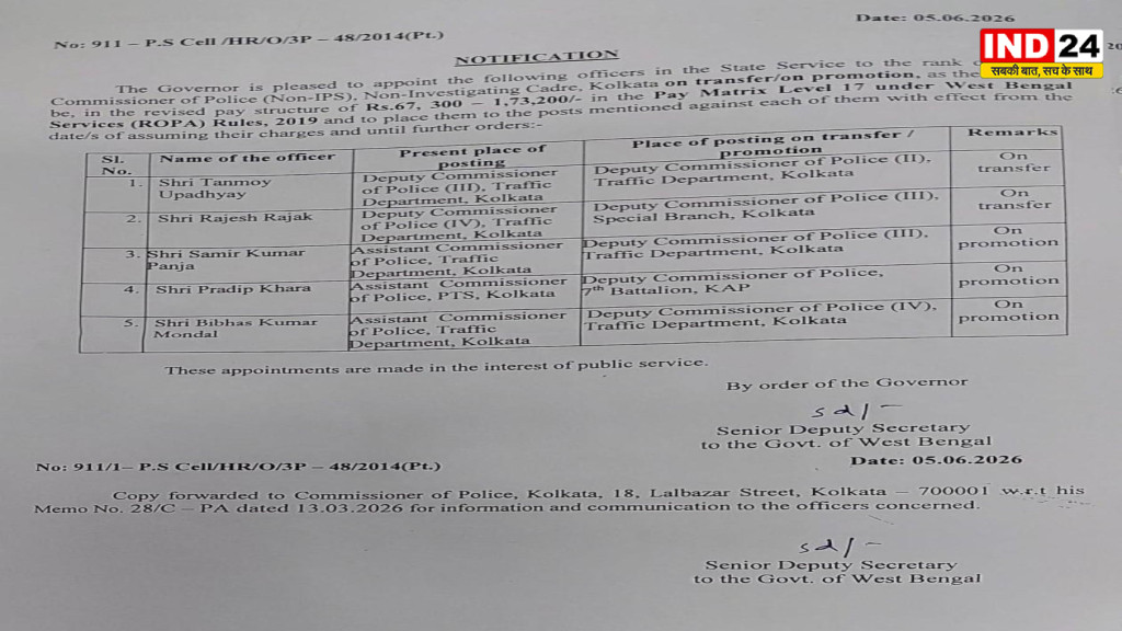 कोलकाता पुलिस में बड़ा प्रशासनिक फेरबदल- 5 अधिकारियों को डीसीपी रैंक पर ट्रांसफर और प्रमोशन