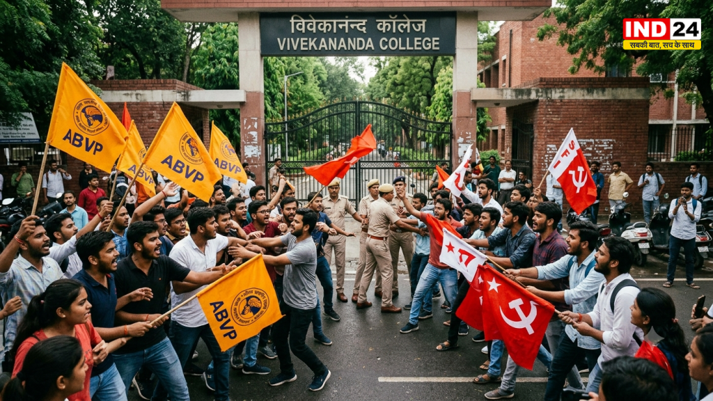 विवेकानंद कॉलेज के बाहर एबीवीपी-एसएफआई कार्यकर्ताओं में झड़प, झंडे को लेकर विवाद