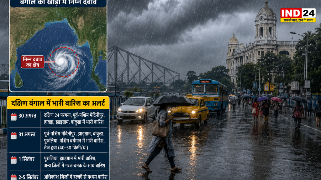 बंगाल की खाड़ी में निम्न दबाव का असर, दक्षिण बंगाल में भारी बारिश का अलर्ट; 30-31 अगस्त को कई जिलों में चेतावनी