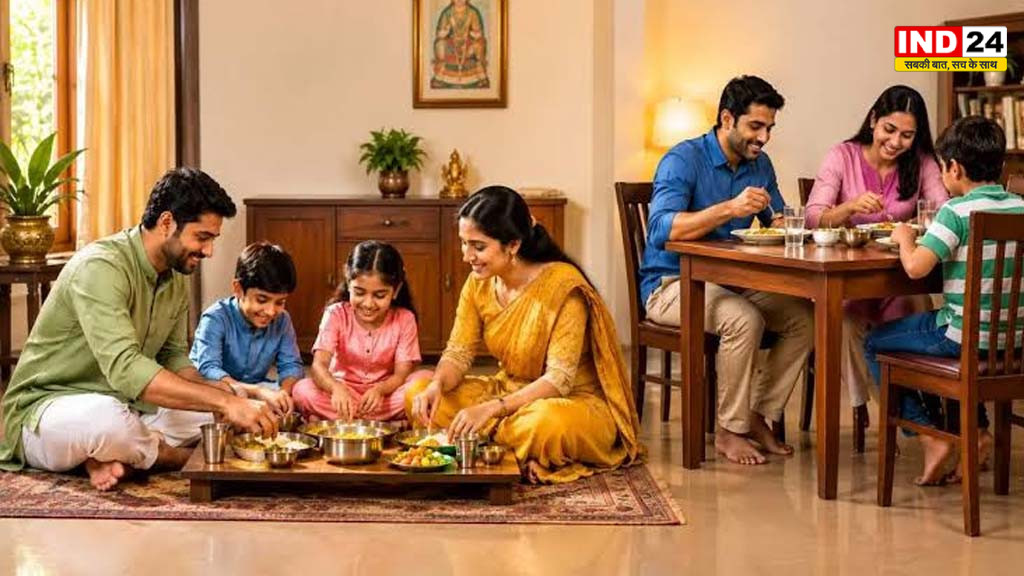 जमीन पर बैठकर खाना शुभ या डाइनिंग टेबल पर? जानिए वास्तु और सनातन परंपरा में भोजन का सही तरीका