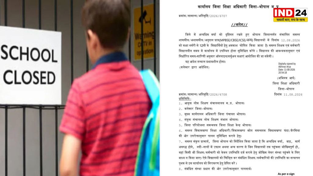 भारी बारिश के चलते भोपाल में 12 अगस्त को स्कूलों की छुट्टी, जिला शिक्षा अधिकारी ने जारी किया आदेश