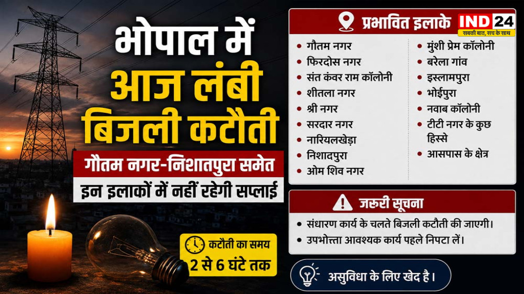 भोपाल में आज लंबी बिजली कटौती, गौतम नगर-निशातपुरा समेत इन इलाकों में नहीं रहेगी सप्लाई