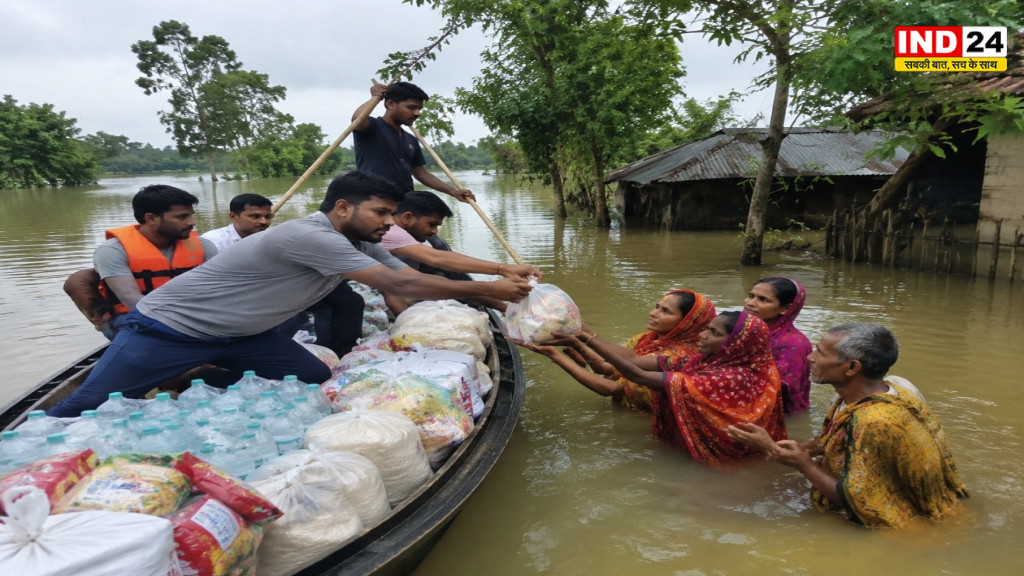 पोटाशपुर और भगवानपुर में बाढ़, नाव से पहुंचाई गई राहत सामग्री
