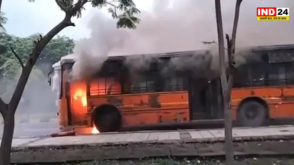 नवा रायपुर में कर्मचारियों से भरी चलती बस में लगी आग, 30 से ज्यादा कर्मचारी थे सवार