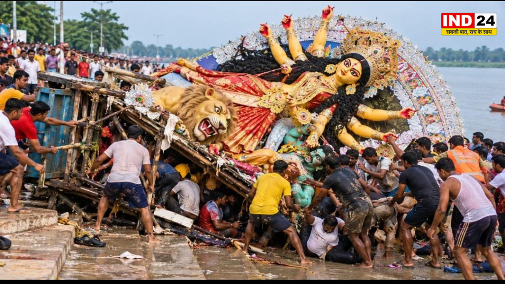 तुफानगंज में विसर्जन के दौरान गिरी विशाल दुर्गा प्रतिमा, नगर पालिका कर्मियों समेत कई घायल