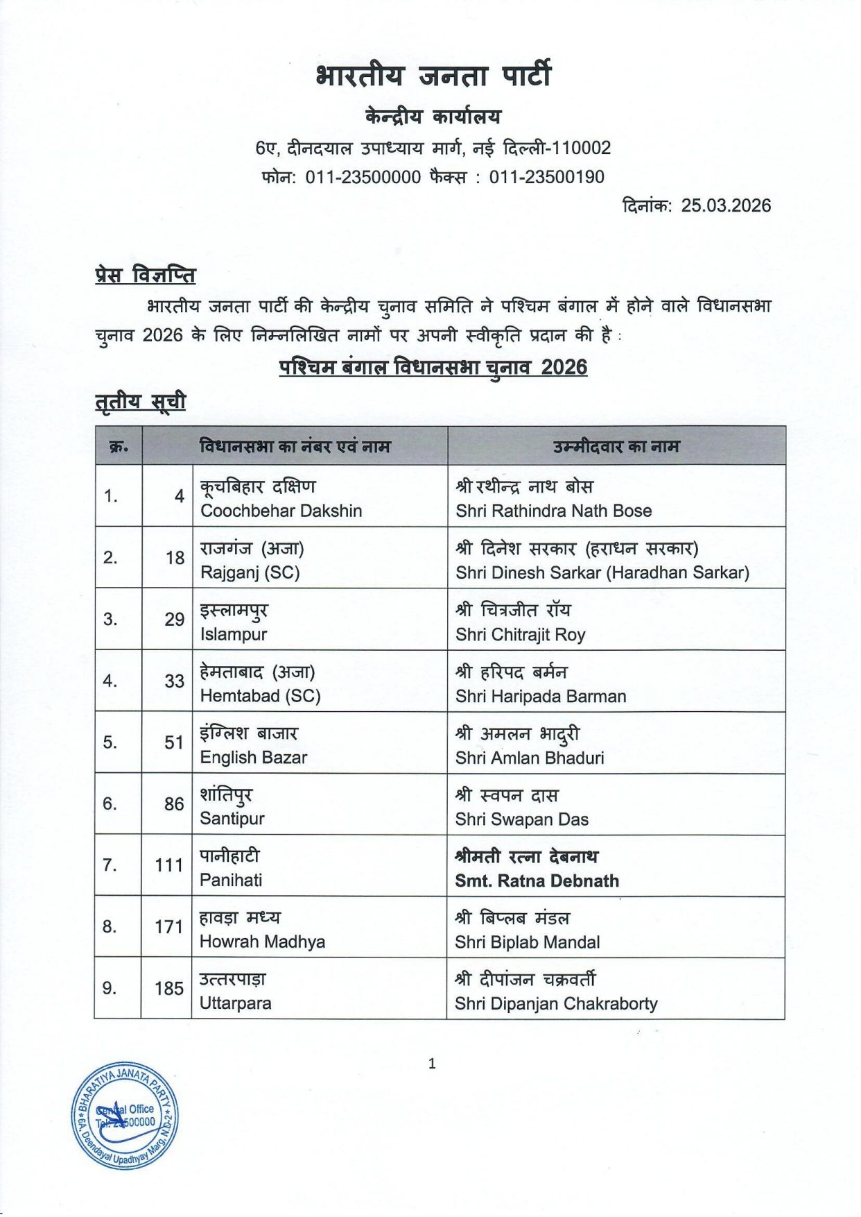 बंगाल चुनाव 2026: BJP की तीसरी लिस्ट OUT