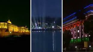 स्वतंत्रता दिवस के मौके पर रंगीन रोशनी से जगमगाई इमारतें