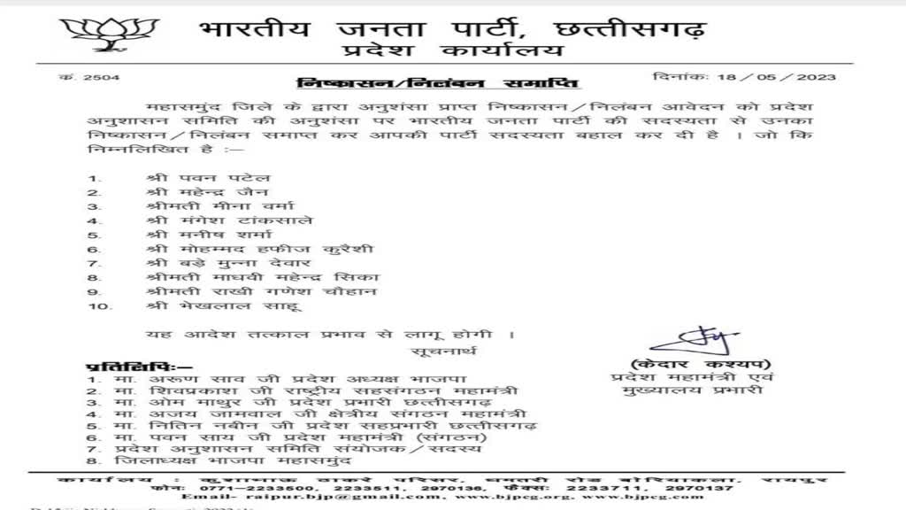 CG News: 9 पार्षद और एक जनपद उपाध्यक्ष की निलंबन,देखें पूरी लिस्ट