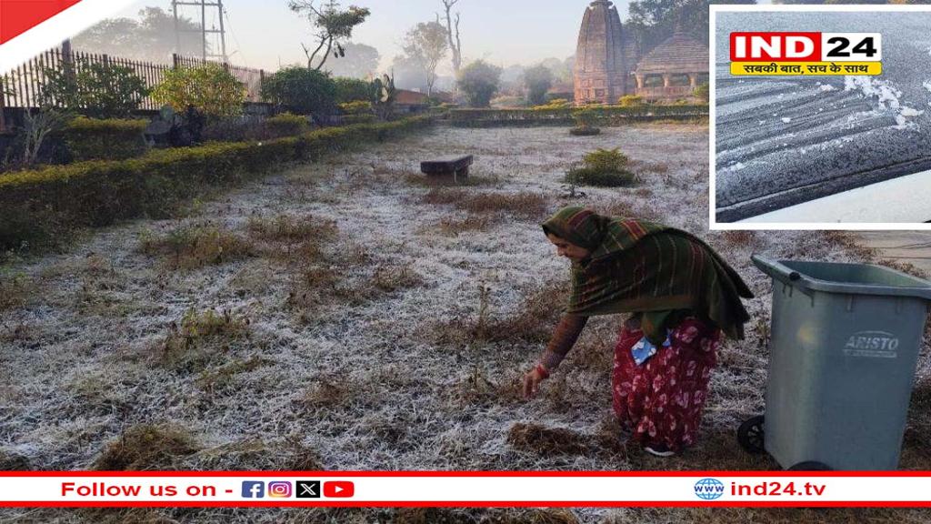 अमरकंटक में जमकर पड़ा पाला, सुबह धरती पर बिछी बर्फ जैसी सफेद चादर