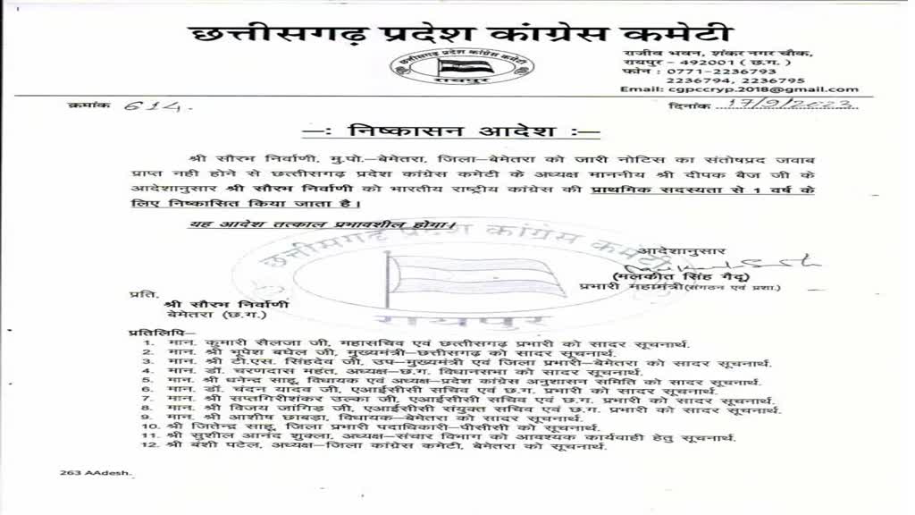 CG NEWS :  प्रदेश कांग्रेस कमेटी की ओर से बड़ी करवाई , एक वर्ष के लिए सदस्यता से किया निष्कासित,